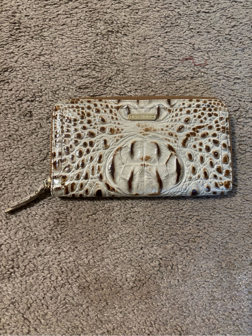 Brahmin Cream and Brown Croc-Embossed Continental Zip Wallet